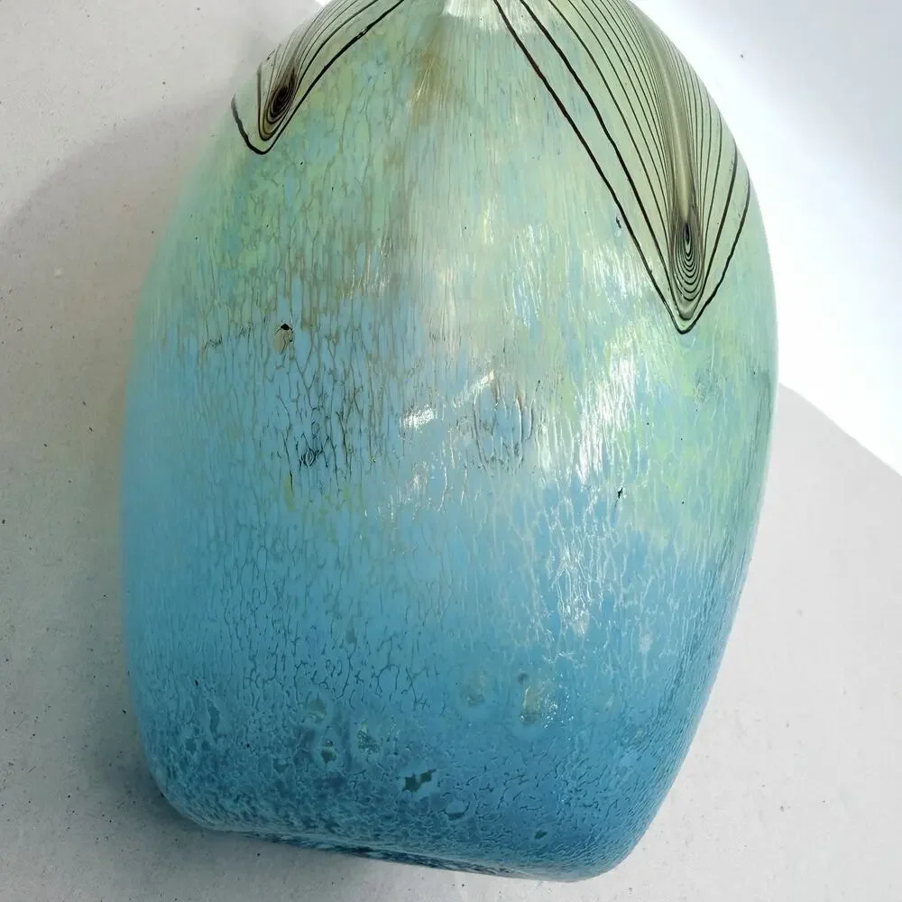 Boho Blue Green Pulled Feather Murano Style Art Glass Vase Hand Blown 12.75